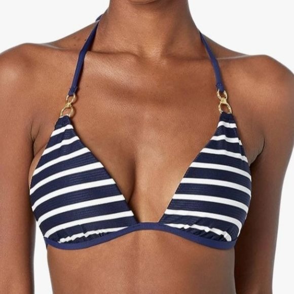 La Blanca NWT Sz 14 Indigo/Capri Stripe Rouched Halter Bikini Swimsuit Top - Picture 4 of 8